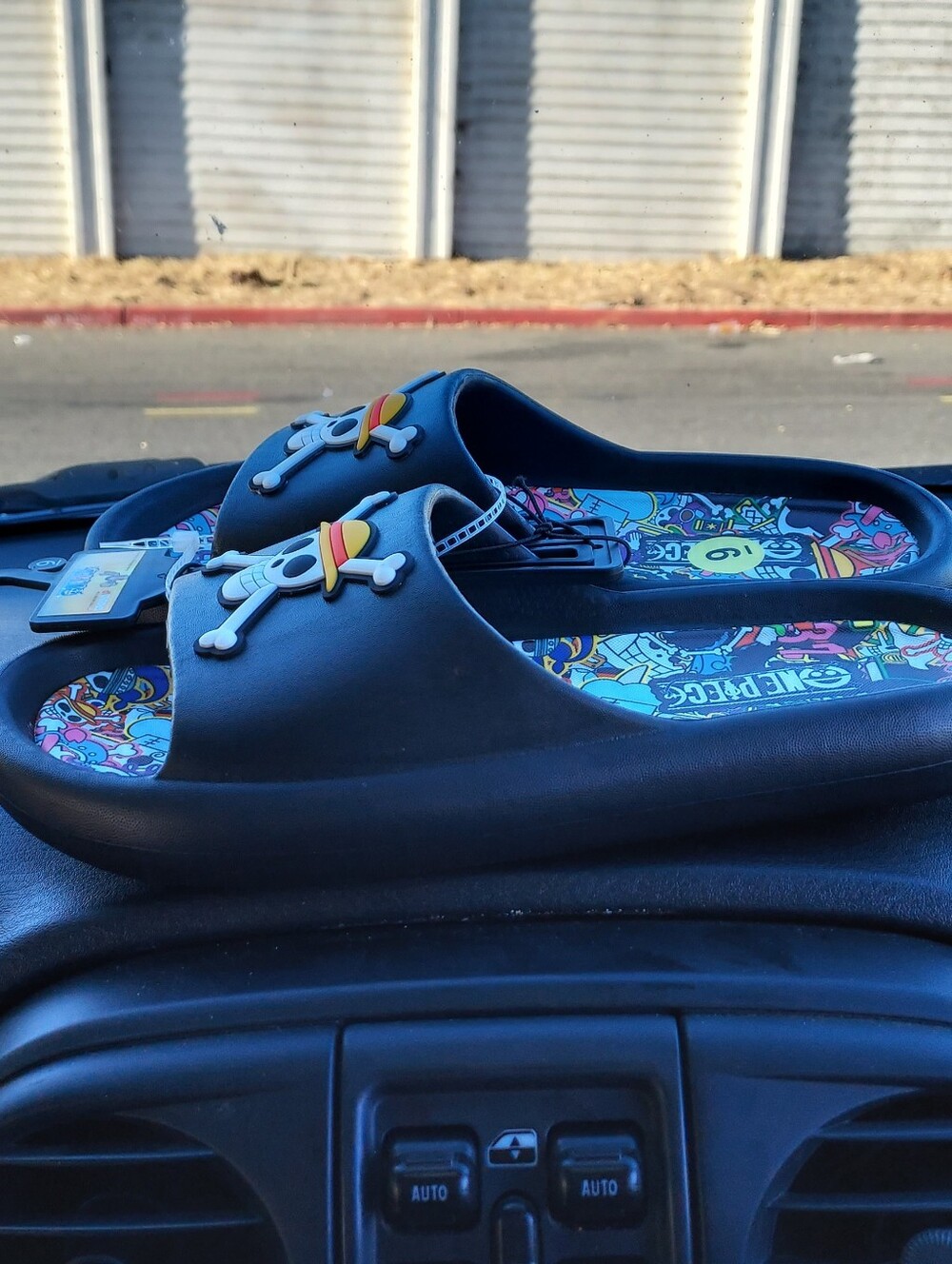 One Piece Black Slide Sandals with Colorful Graphic Footbed